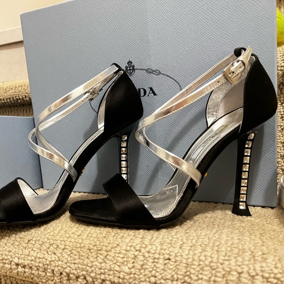 Prada Black Silver Satin Leather Diamond Jeweled CrissCross Ankle Strap Sandals - Picture 6 of 12